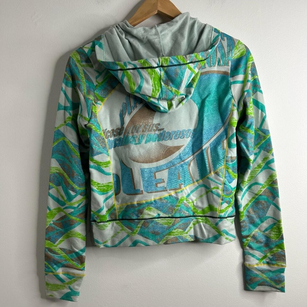 Custo Barcelona Hoodie Womens S/M Green Blue Full Zip Graphic Playa Hermosa Y2K - Picture 5 of 10